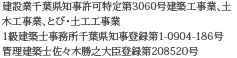 建設業千葉県知事許可特定第3060号建築工事業　一般第3060号土木工事業、とび・土工工事業　1級建築士事務所千葉県知事登録第1-0402-1817号　管理建築士佐々木勝之大臣登録第208520号